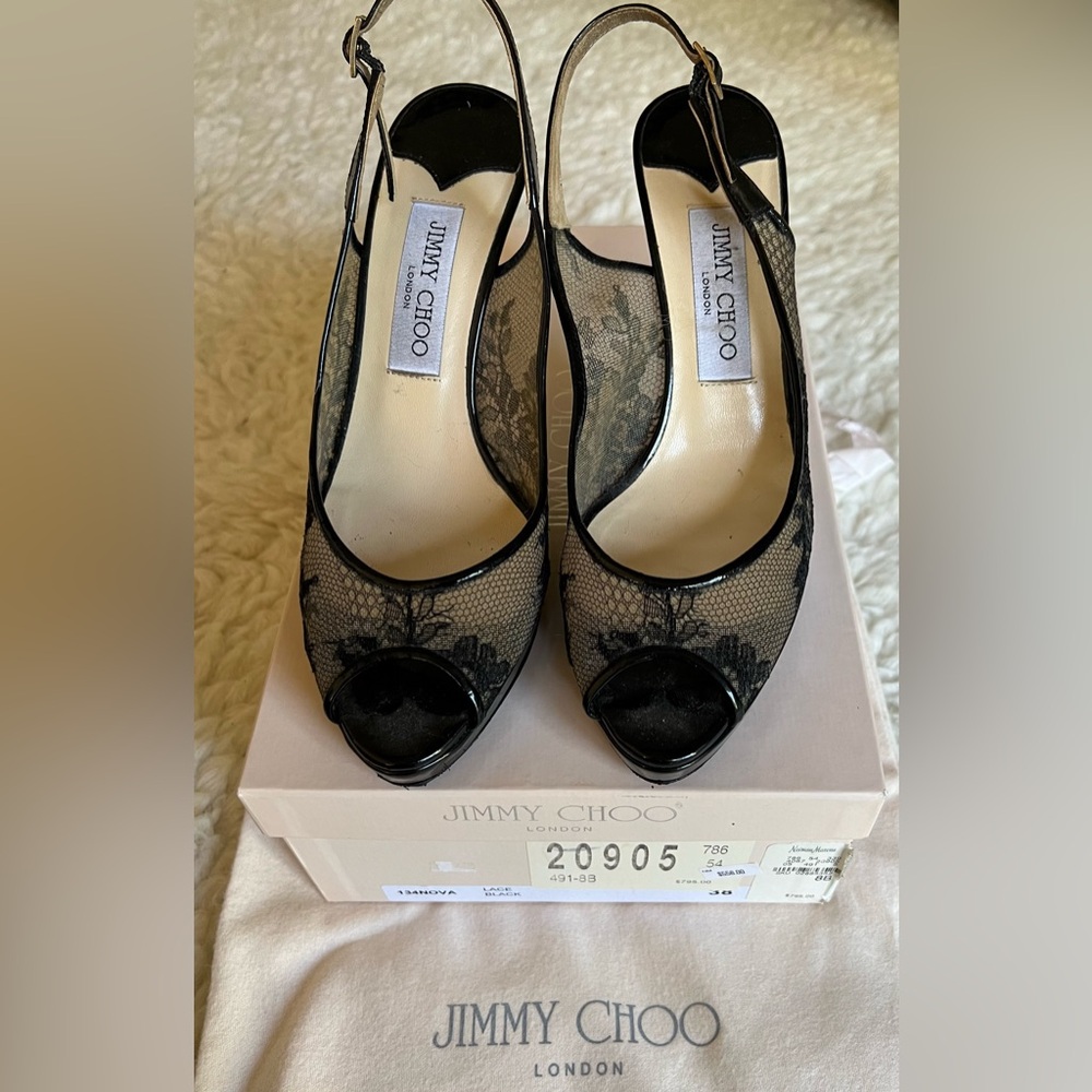 Jimmy Choo Nova 100mm Black Floral Lace Mesh Slingback Peep Toe Sandal Heels 38